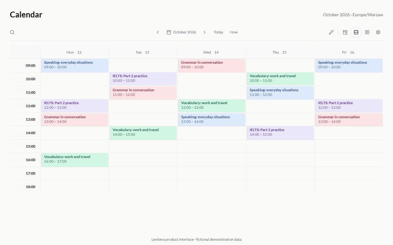 Calendar with weekends and early mornings hidden