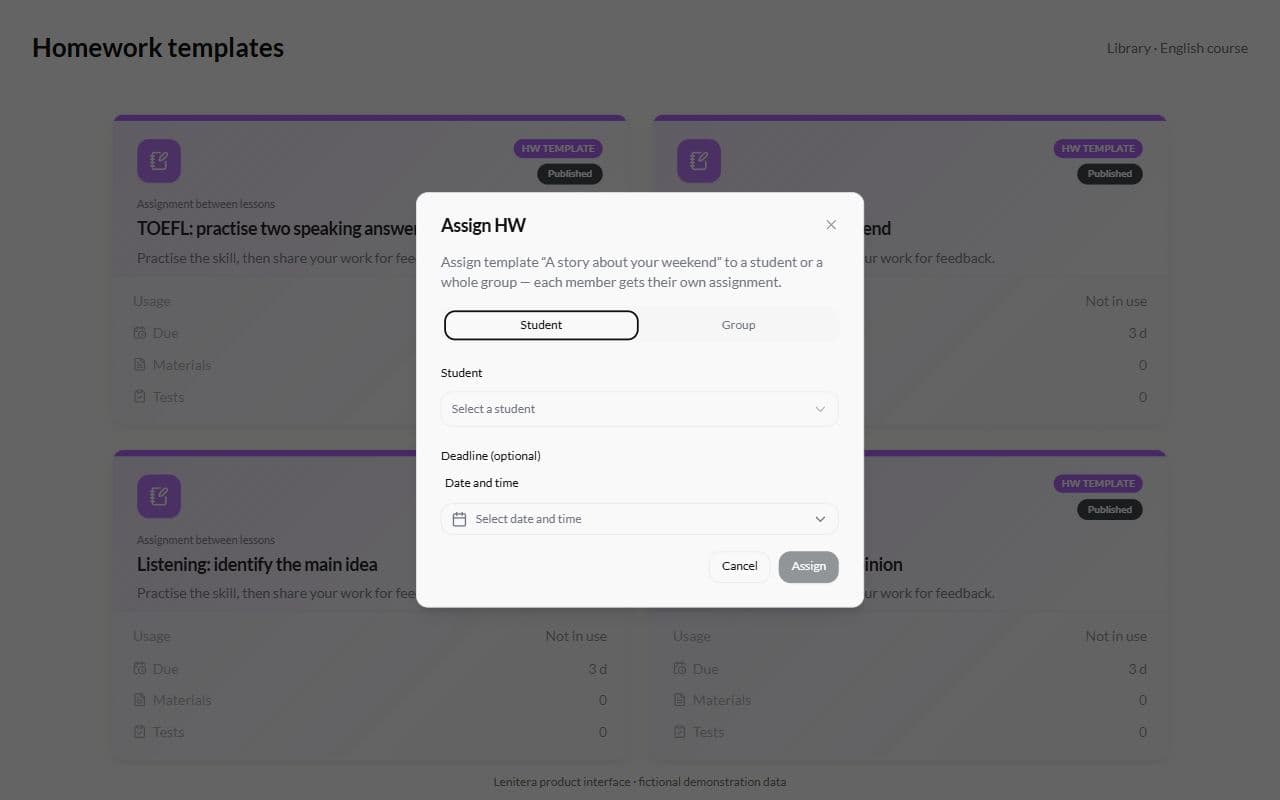 Dialog for assigning homework to a student or a group