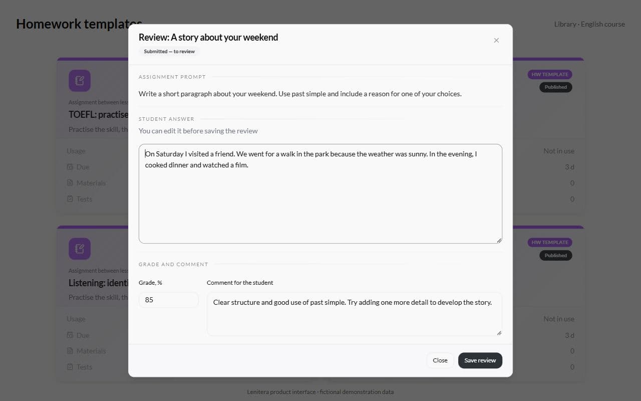 Homework review dialog with a grade and a comment