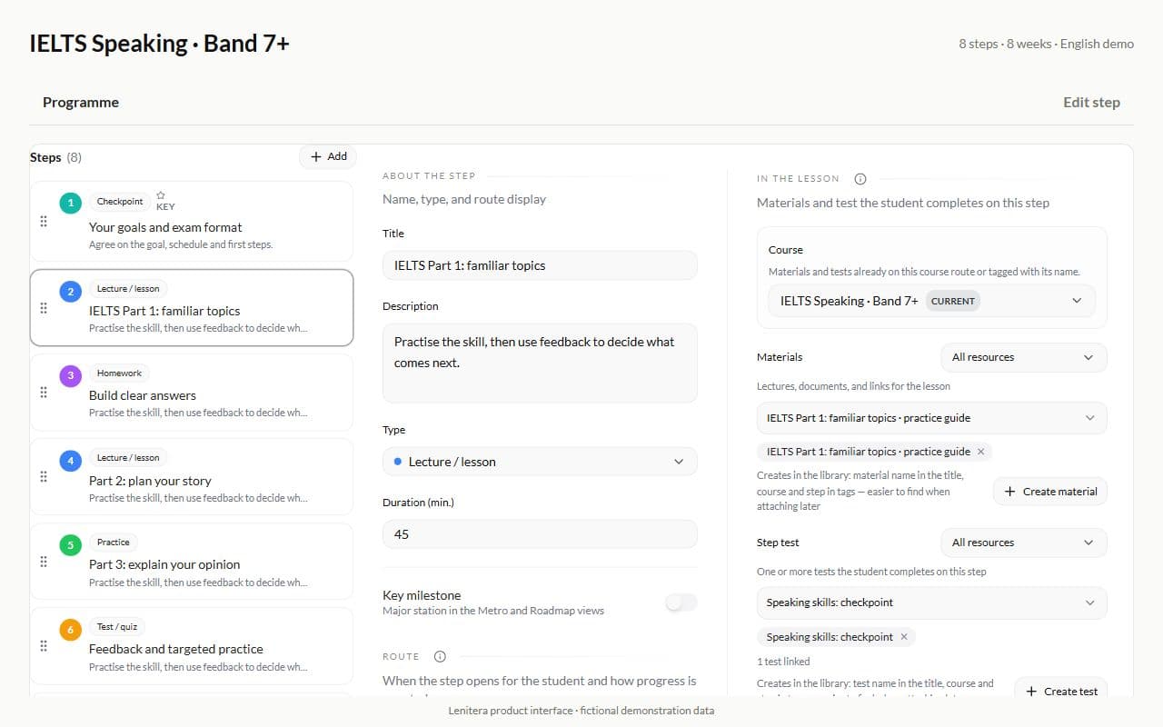 The language program editor showing steps, materials and settings for the selected step.