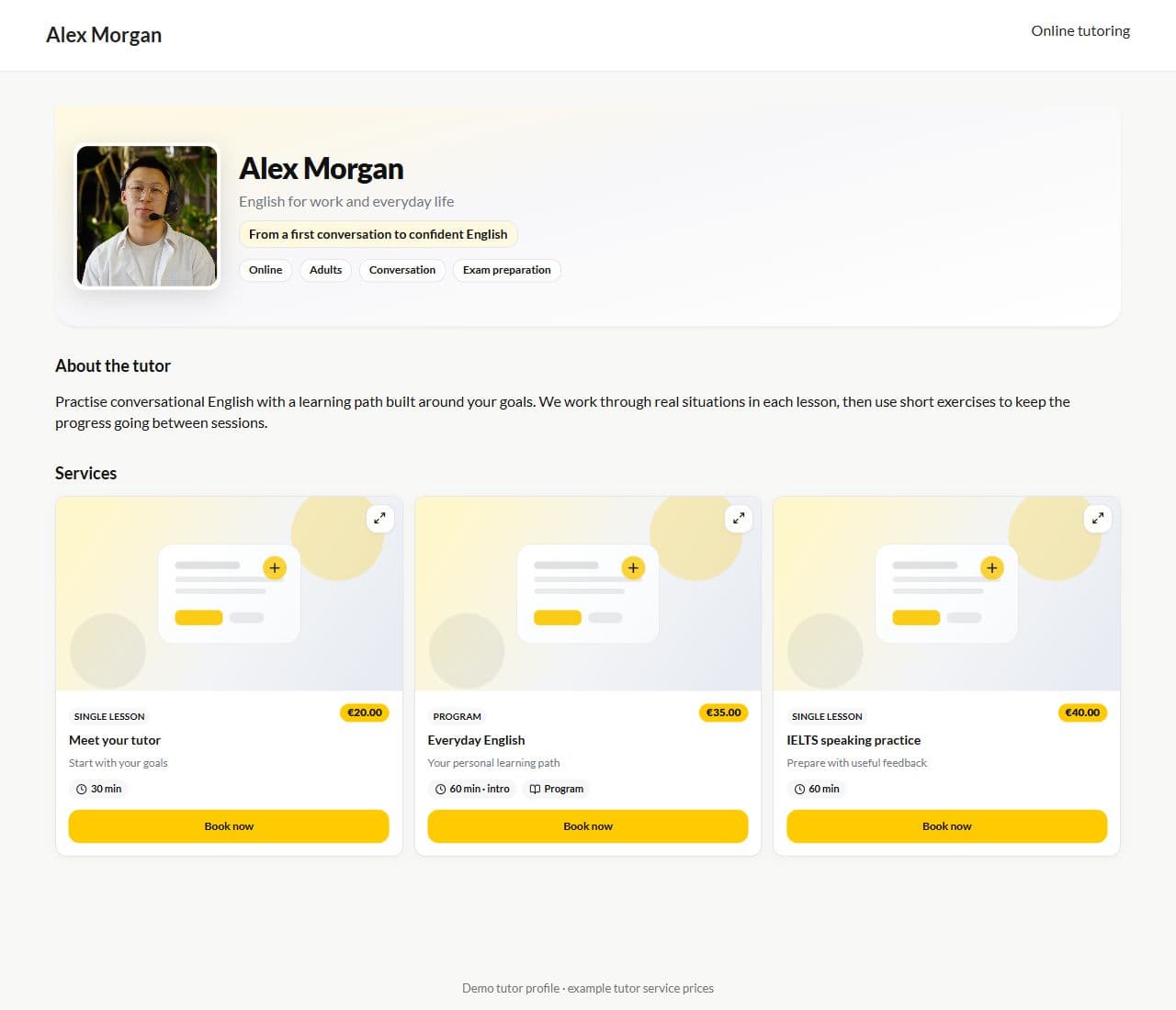 Tutor public booking page with services and schedule