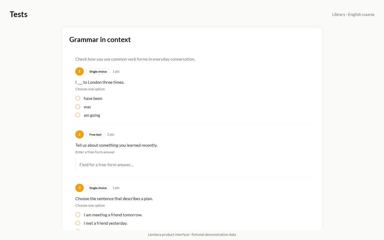 Test card with questions, answer keys and points