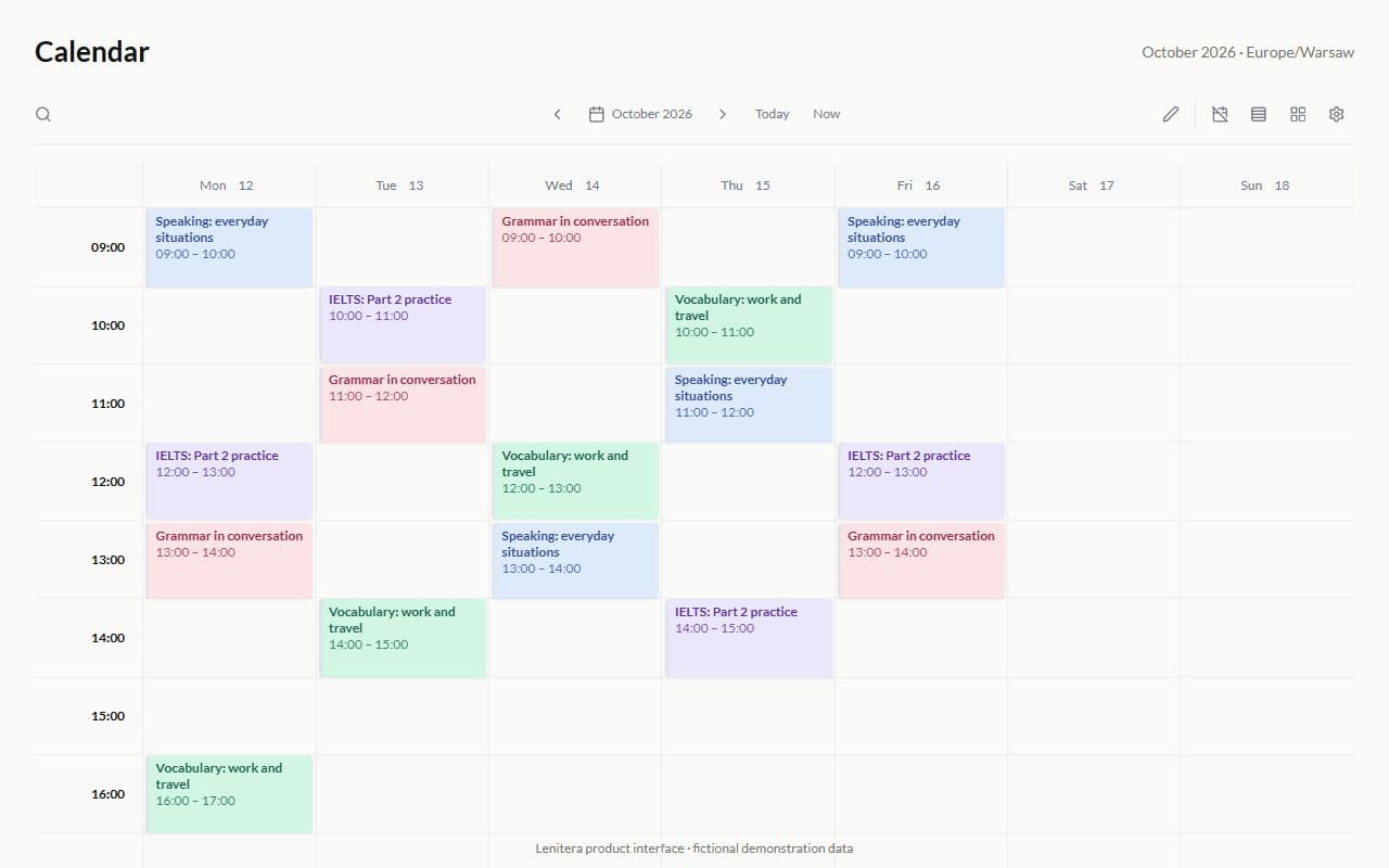 Calendar with lessons filtered by student and path